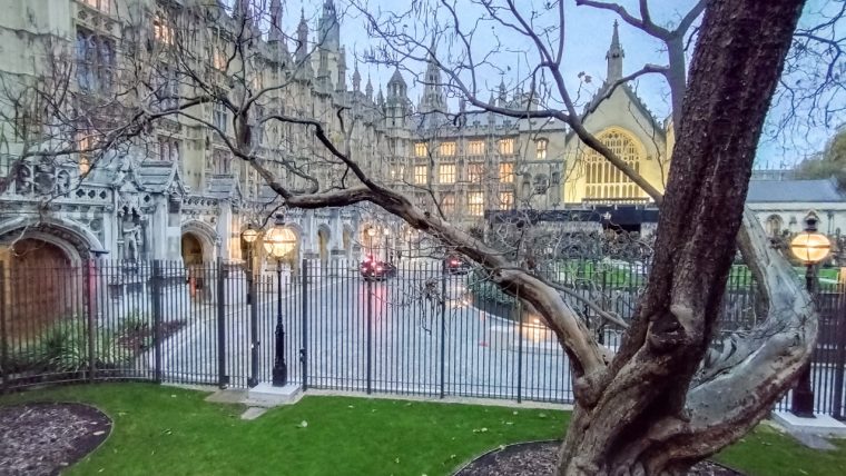 Side view of the Houses of Parliament, lit up in the evening.