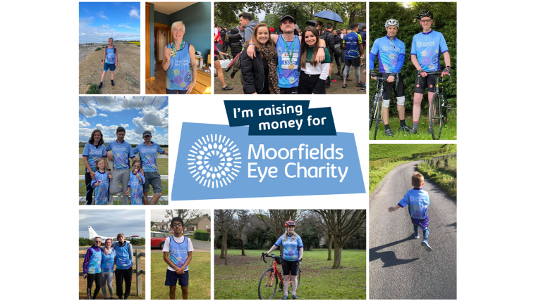 A collage comprising photos of people fundraising for Moorfields Eye Charity in different ways with with the I'm raising money for Moorfields Eye Charity banner in the centre.