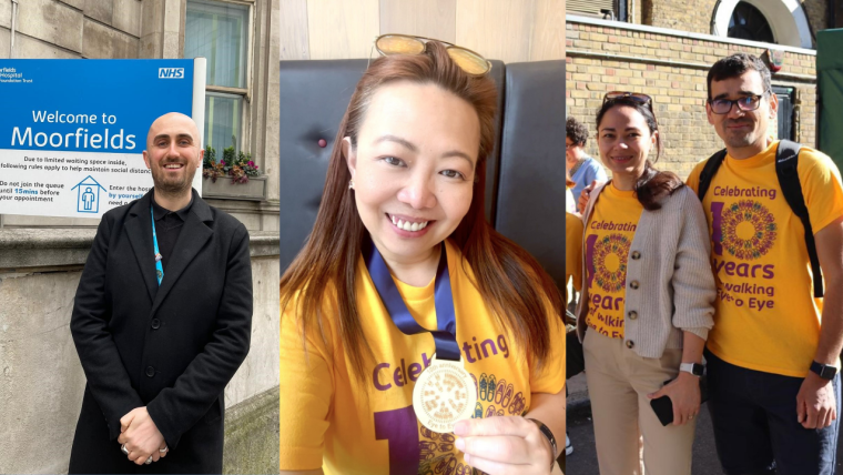 There are three images. Each image is of a Moorfields member of staff.