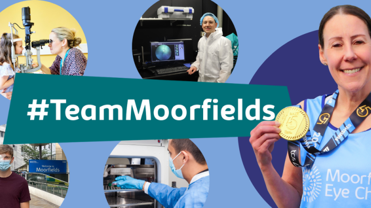 Team Moorfields text with several images of runners and patients at Moorfields around it