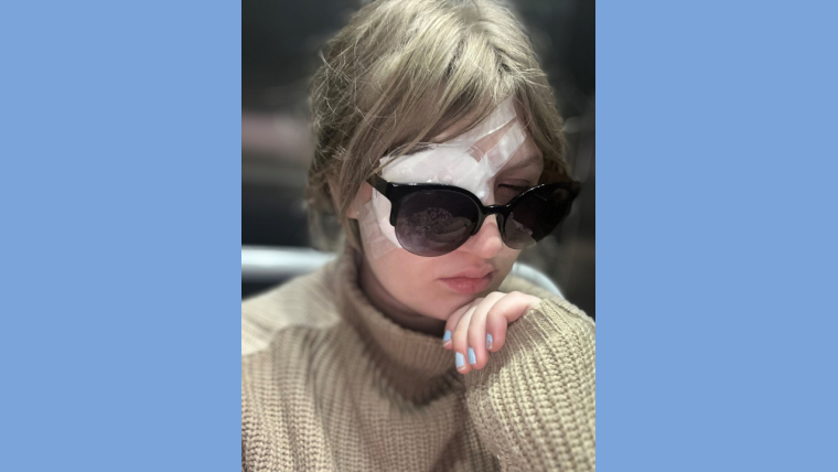 Saskia Mclean wearing an eye patch with sunglasses over it.