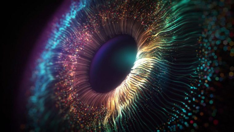 A stylised 3D illustration of an eye. It is rainbow coloured.